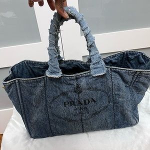 PRADA Canapa Denim L size Tote Bag Handbag Ladies Authentic Used.
